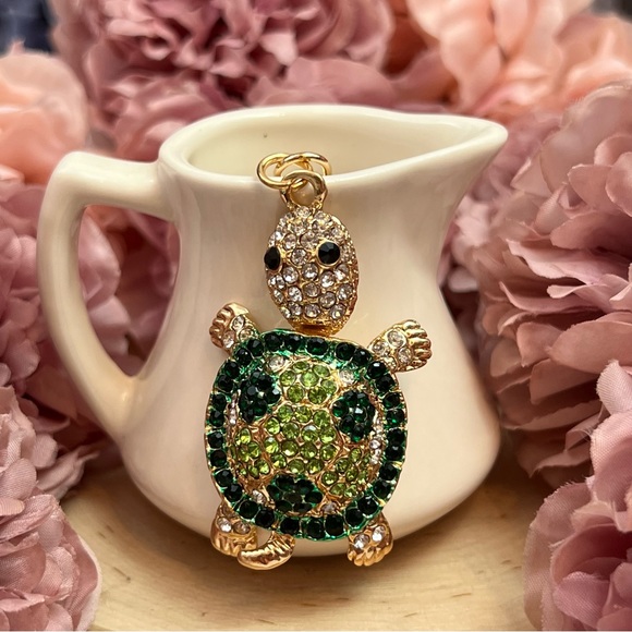 Green and Silver Crystal Turtle Keychain Charm - Picture 2 of 16